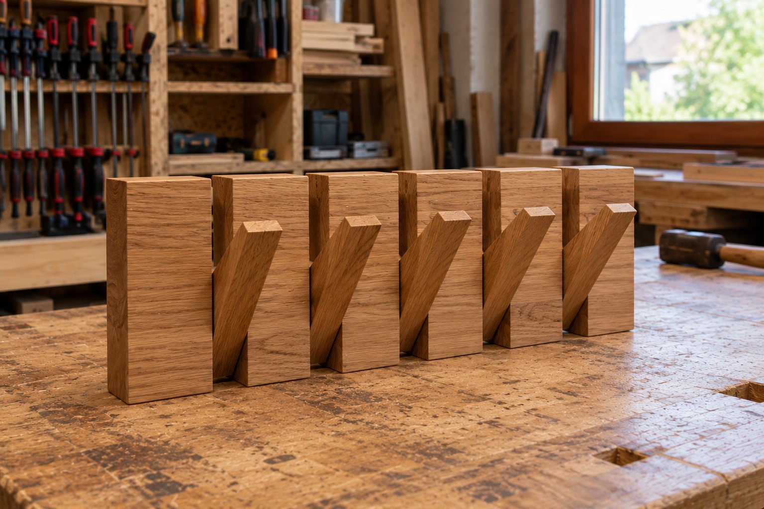 Wandgarderobe aus Eiche mit sechs schräg gestellten Haken